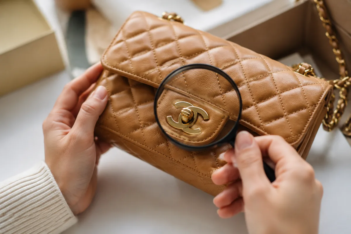 Gros plan sur les coutures faites main et le fermoir doré d'une pochette ancienne